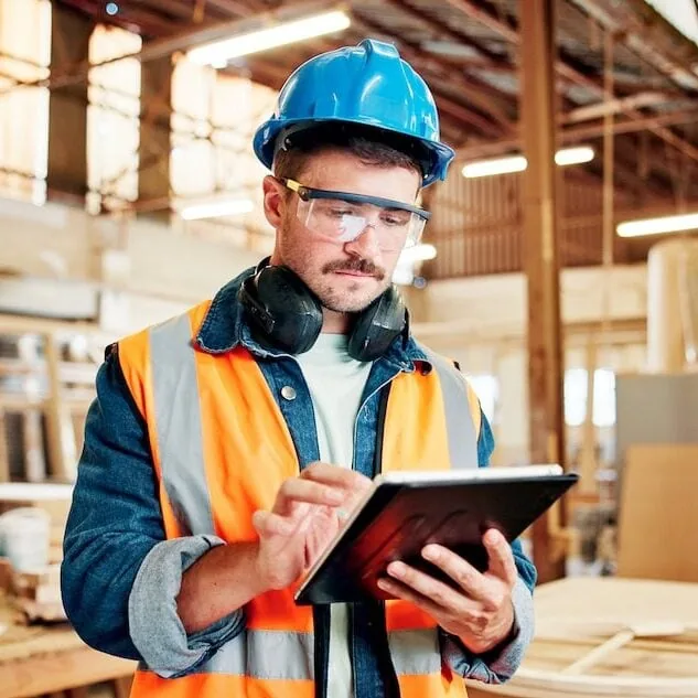 Trades contractor using digital tablet for business automation and growth systems management