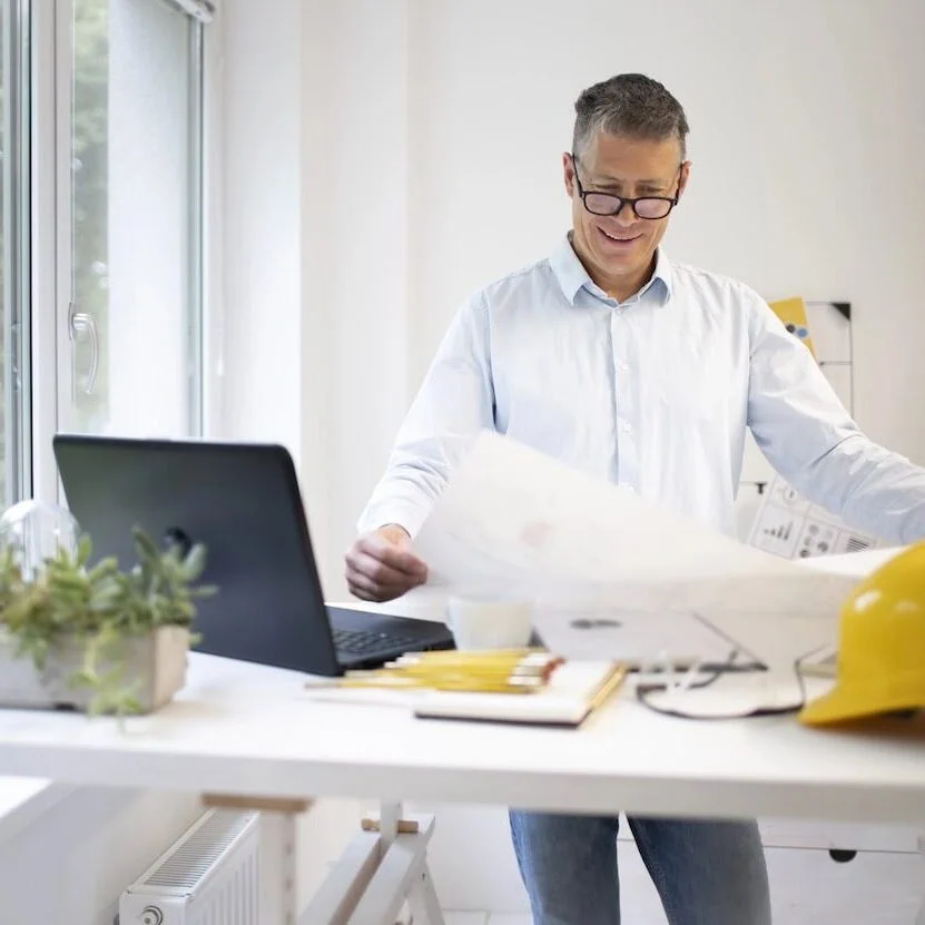 General contractor business owner reviewing blueprints at office desk