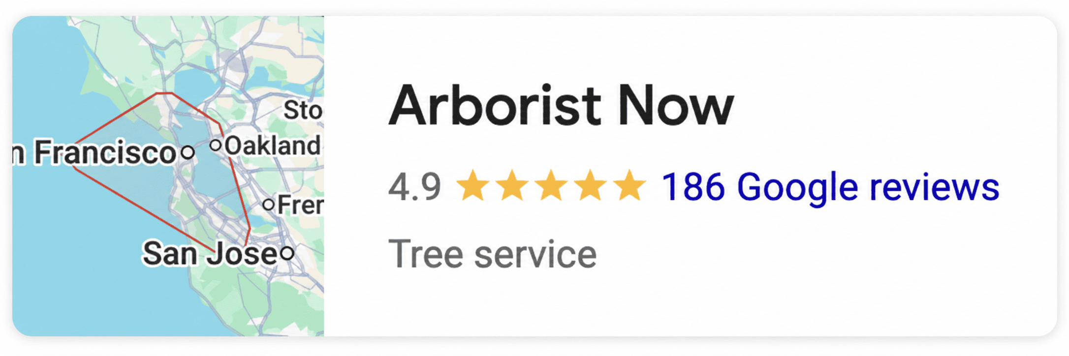 Arborist Now Google Business Profile, 4.9 stars, 186 reviews