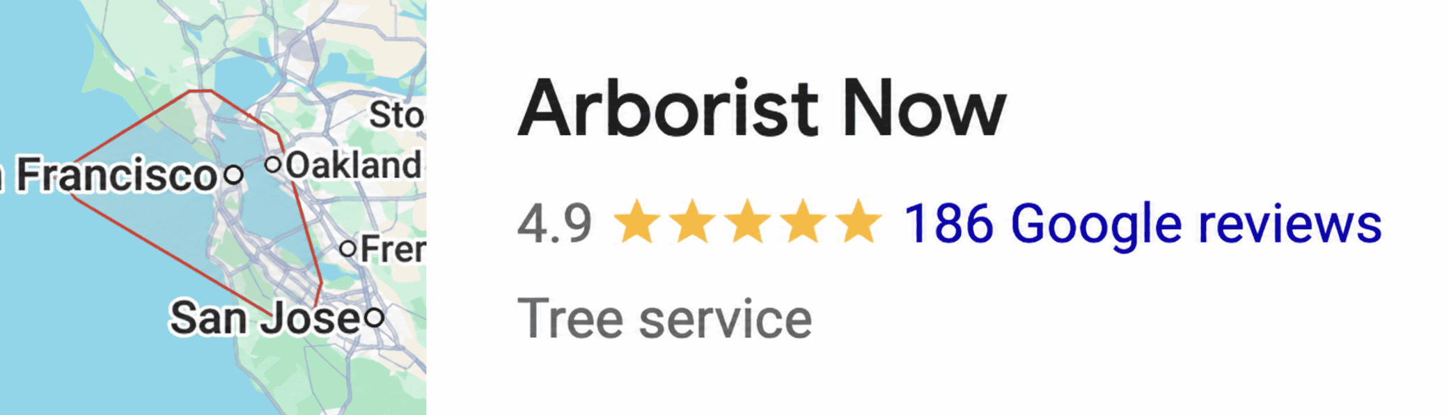 Arborist Now Google Business Profile, 4.9 stars, 186 reviews
